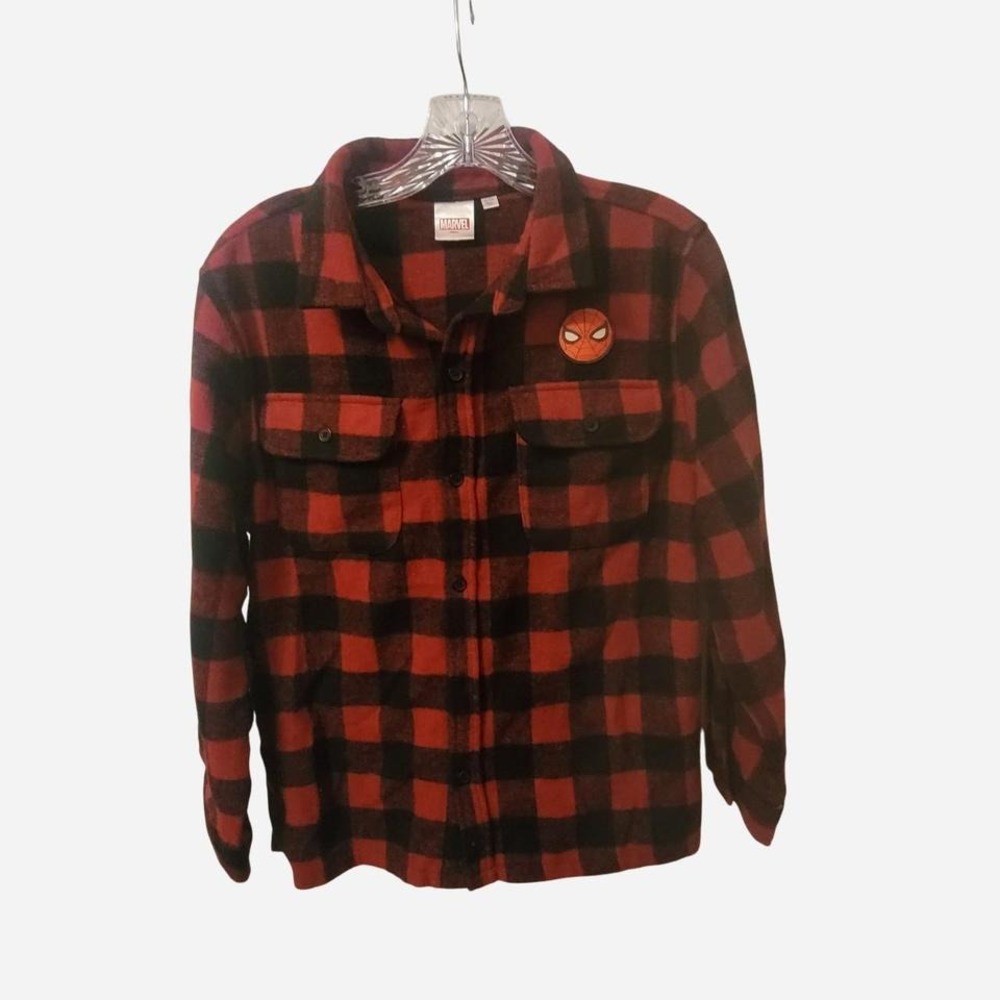 Red and black Marvel Spiderman plaid‎ button-up shacket SZ 14